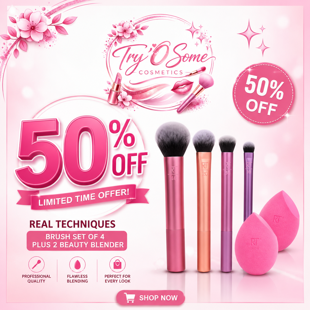 REAL TECHNIQUES BRUSH SET OF 4 PLUS 2 BEATY BLENDER
